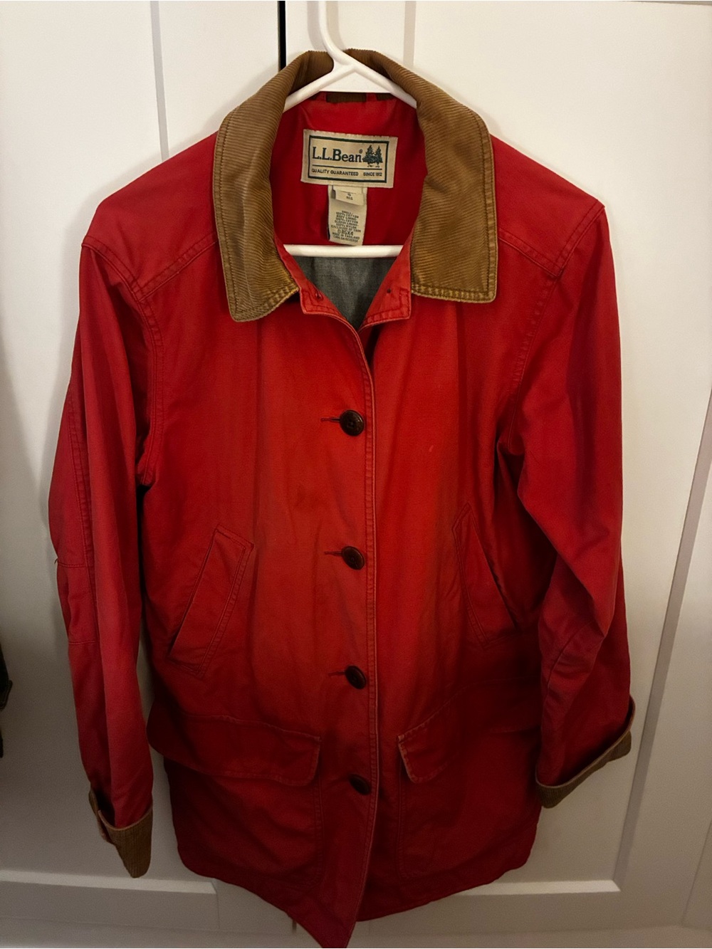 L.L. Bean Orange Canvas Trench Coat with Tan Corduroy Collar
